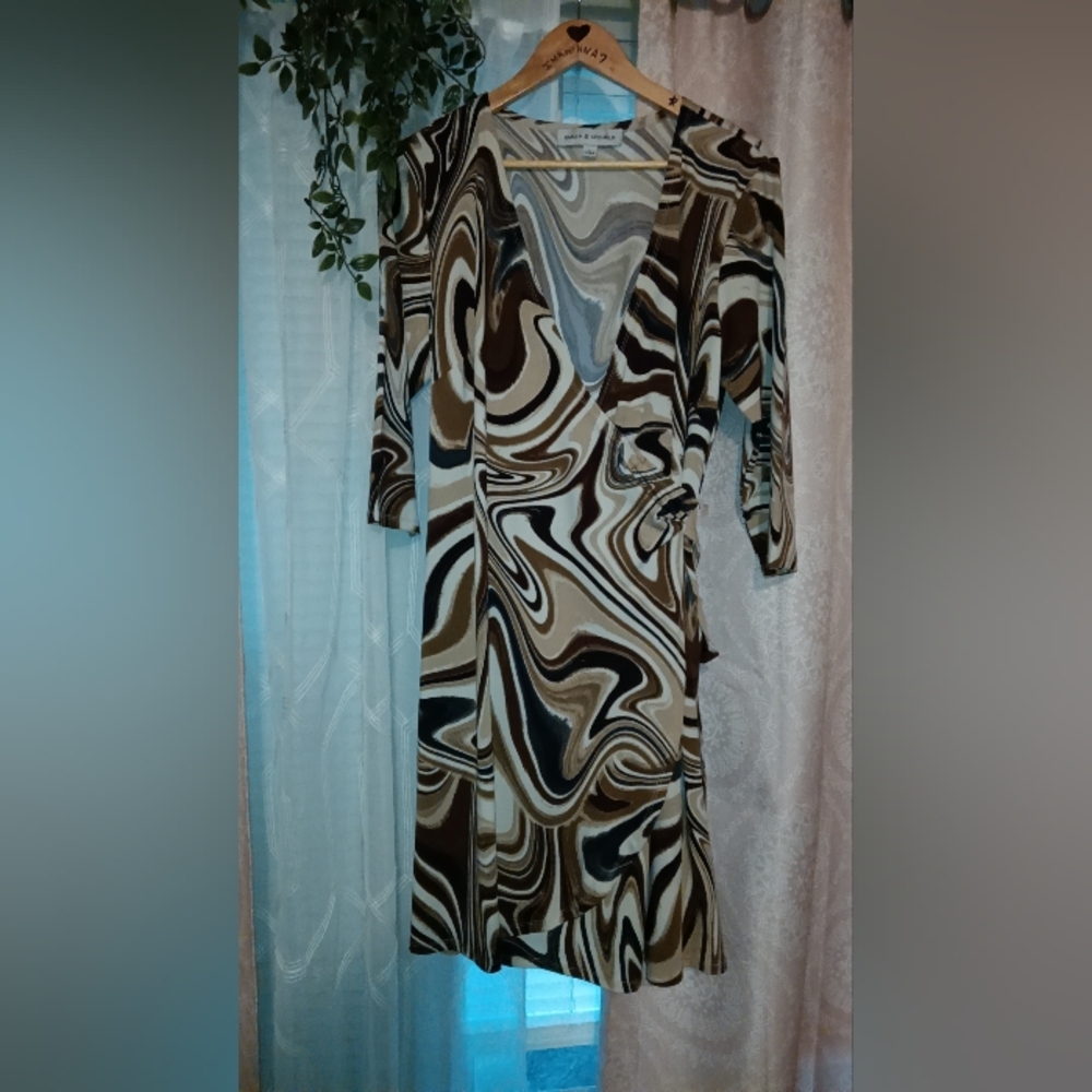 Emma & Michele Brown and Cream Sheath Dress with Plunge Neckline